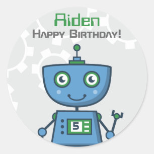 Adesivo Redondo Meninos do Robô Azul Feliz Aniversário