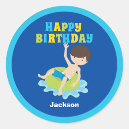 Adesivo Redondo Meninos Nadando Festas de Piscina Crianças Azul An
