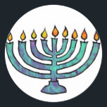 Adesivo Redondo Menorah Stickers<br><div class="desc">Menorah azul com velas cintilantes.</div>