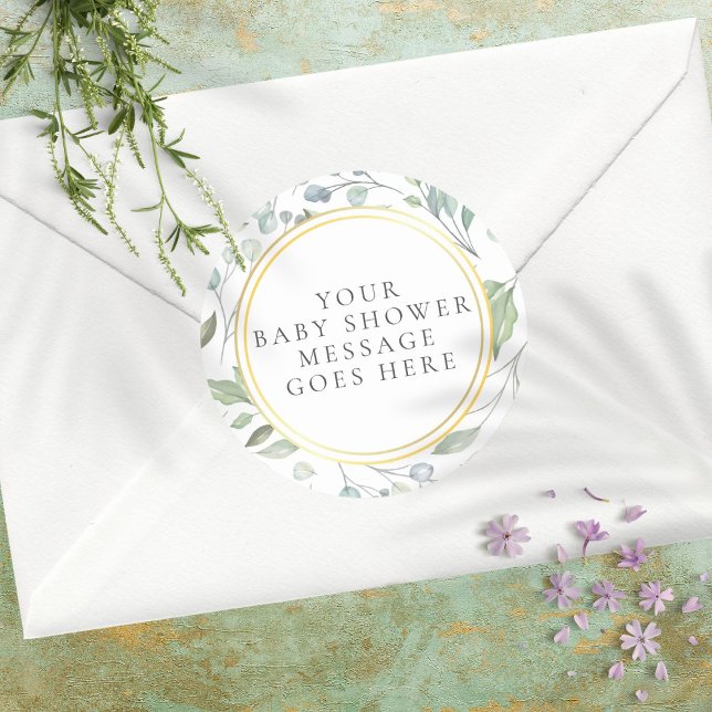 Adesivo Redondo Mensagem de Chá de fraldas de Folha de Ouro Laurel (Criador carregado)