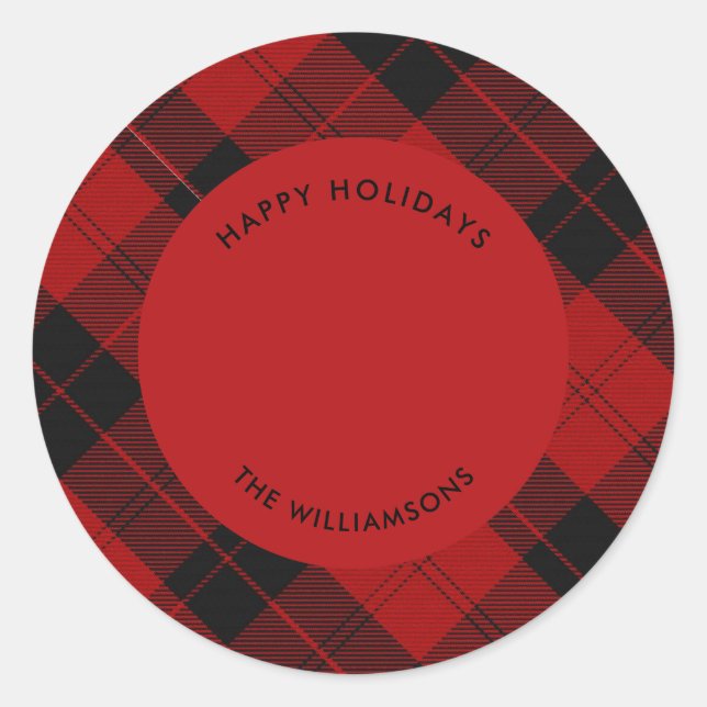 Adesivo Redondo Mensagem de nome personalizado do Red Black Tartan (Frente)
