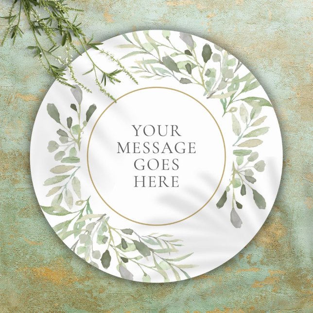 Adesivo Redondo Mensagem Personalizada Cores de Água Gerência (Personalized Message Watercolor Greenery Classic Round Sticker)