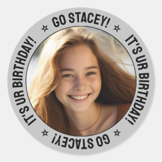 Adesivo Redondo Mensagem Personalizada de Aniversário, Nome e Foto