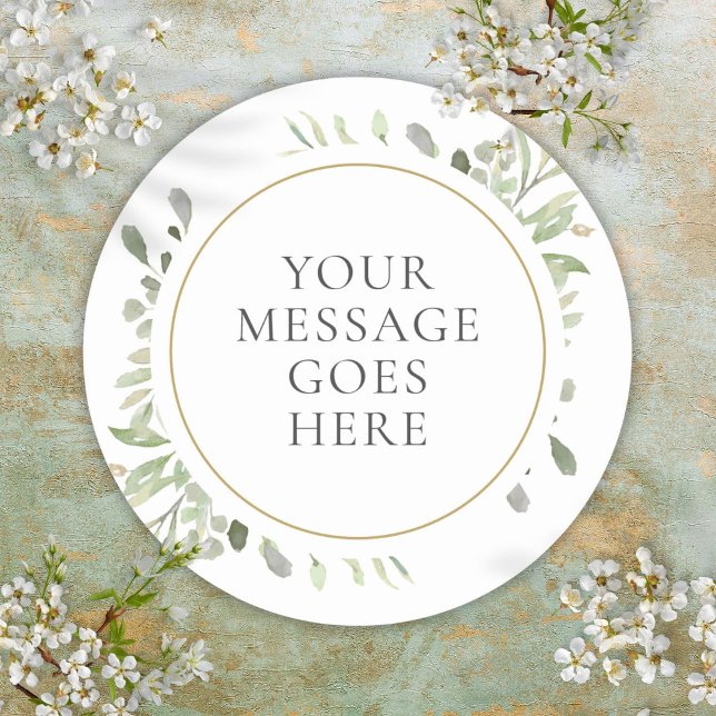 Adesivo Redondo Mensagem Personalizada Folhas de Aguarela Casament (Custom Message Watercolor Leaves Greenery Wedding Classic Round Sticker)