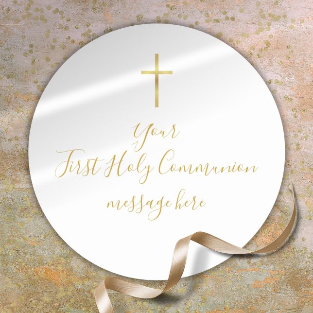 Adesivo Redondo Mensagem Simples de Santa Sé da Cruz Dourada (Simple Gold Cross First Holy Communion Message Classic Round Sticker)