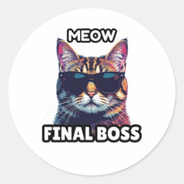 Adesivo Redondo Meow Final Boss Cool Cat Sticker