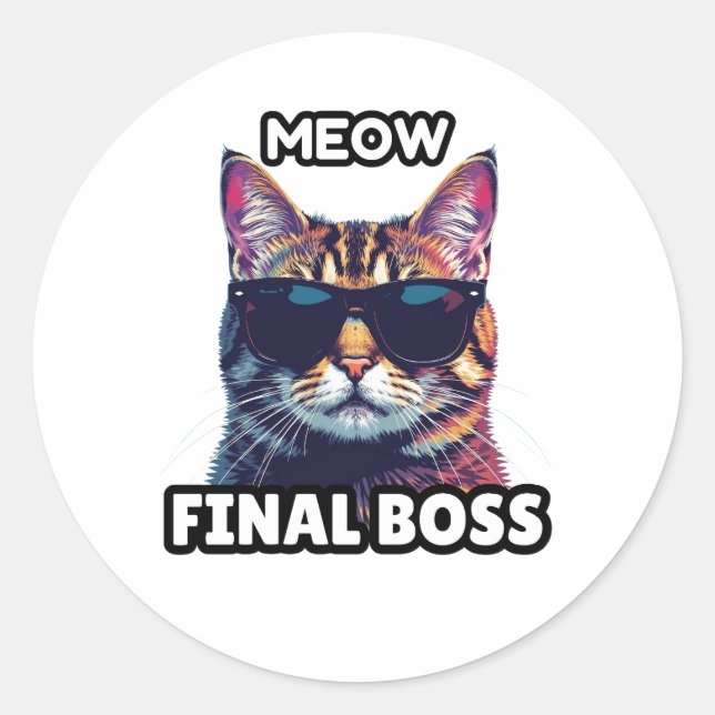 Adesivo Redondo Meow Final Boss Cool Cat Sticker (Frente)