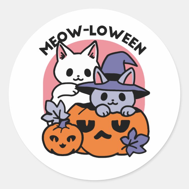 Adesivo Redondo Meow-Loween - Design de Gato de Halloween (Frente)