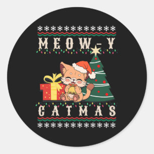 Adesivo Redondo Meow y Catmas Cat Árvore de Natal Xmas Meninas F