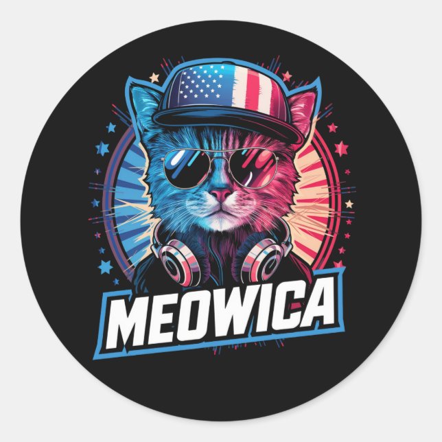 Adesivo Redondo Meowica 4 de julho Cat American Flag America (Frente)