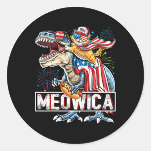 Adesivo Redondo Meowica Gato T Rex Dinossauro 4 De Julho Bandeira