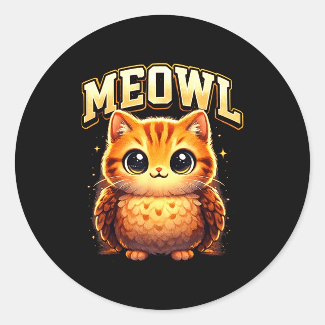Adesivo Redondo Meowl Funny Meow Cat Owl Brainrot Meme Teen Kids  (Frente)
