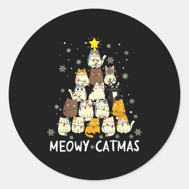 Adesivo Redondo Meowy Catmas Cat Christmas Tree Xmas Girls Boys Fu (Frente)