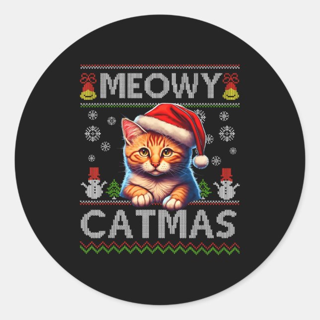 Adesivo Redondo Meowy Catmas Cat Santa Christmas Kitten Xmas Ugly  (Frente)