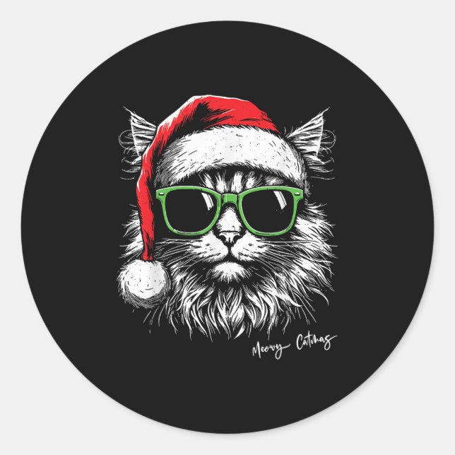 Adesivo Redondo Meowy Catmas Chapéu de Papai Noel Gato Fofo Roupas (Frente)