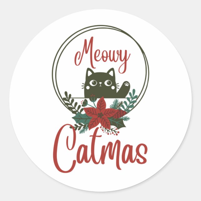 Adesivo Redondo Meowy Catmas, Feliz Natal (Frente)