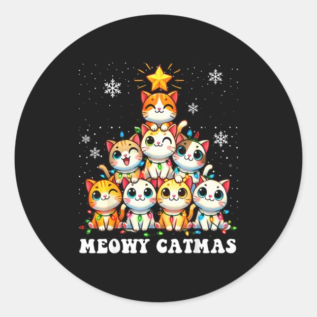 Adesivo Redondo Meowy Catmas Funny Christmas Tree Lights Cute Cat  (Frente)