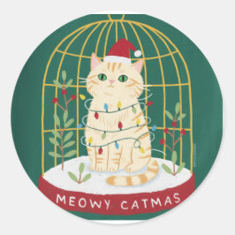 Adesivo Redondo Meowy Catmas Ginger Cat in Cage Snow Globe