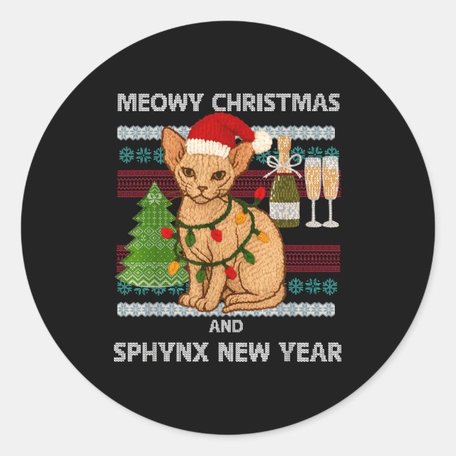 Adesivo Redondo Meowy Christmas Funny Sphynx Cat Santa Hat Ugly Sw (Frente)