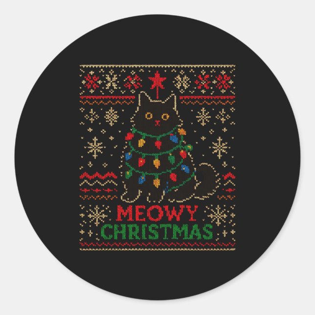 Adesivo Redondo Meowy Christmas Xmas Lights Cat Ugly Sweater Pajam (Frente)