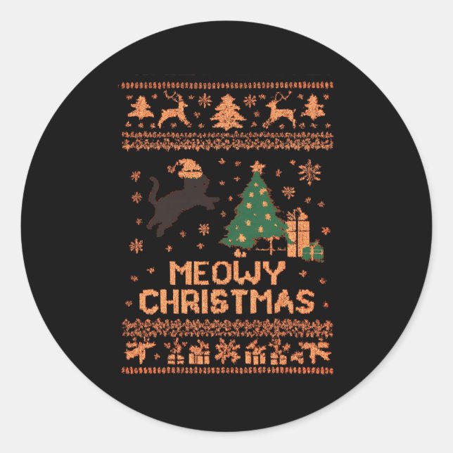 Adesivo Redondo Meowy Christmas Xmas Tree Cat Ugly Sweater Pajamas (Frente)