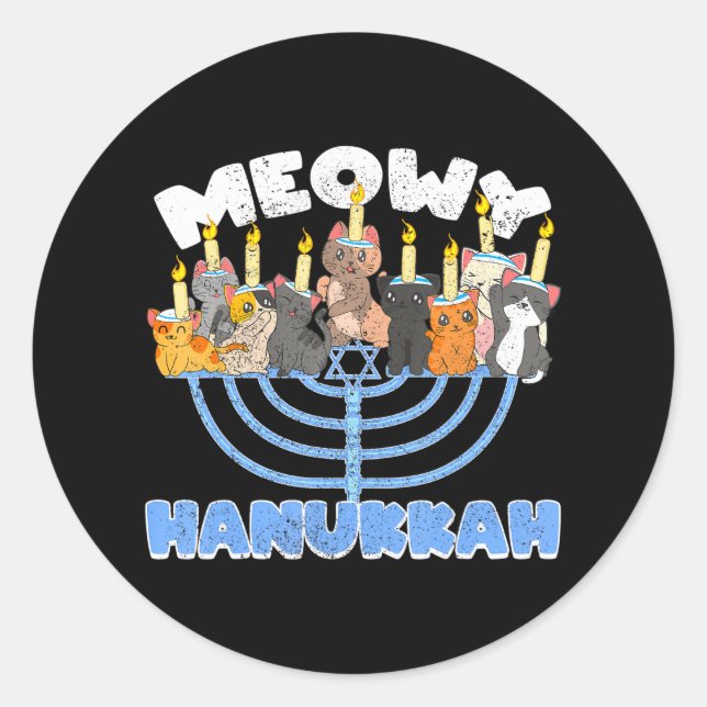 Adesivo Redondo Meowy Hanukkah Cats em Menorah para Chanucá (Frente)