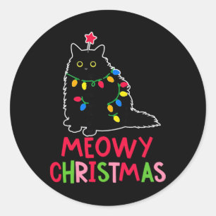 Adesivo Redondo Meowy Natal Luzes de Natal Pijama de Gato Preto Fa