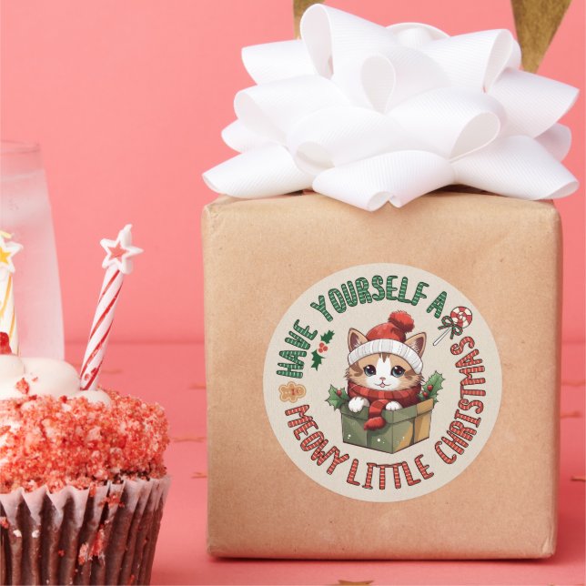 Adesivo Redondo Meowy Pequeno Natal Kawaii Gato Laranja (Festa)