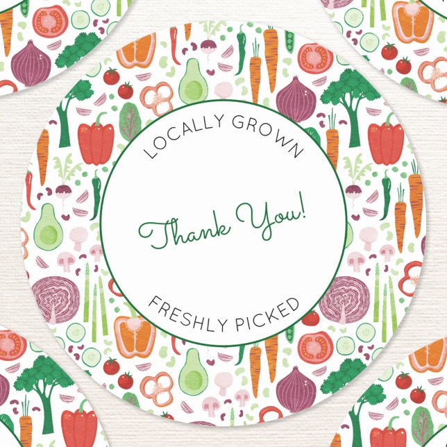 Adesivo Redondo Mercado De Agricultores Cultivado Localmente Obrig (Farmers market locally grown freshly picked vegetable patterned thank you stickers )