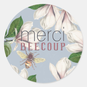 Adesivo Redondo Merci Beecoup Obrigado Magnolia e Abelha em Azul
