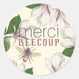 Adesivo Redondo Merci Beecoup Obrigado Magnolia e Abelha na Costa