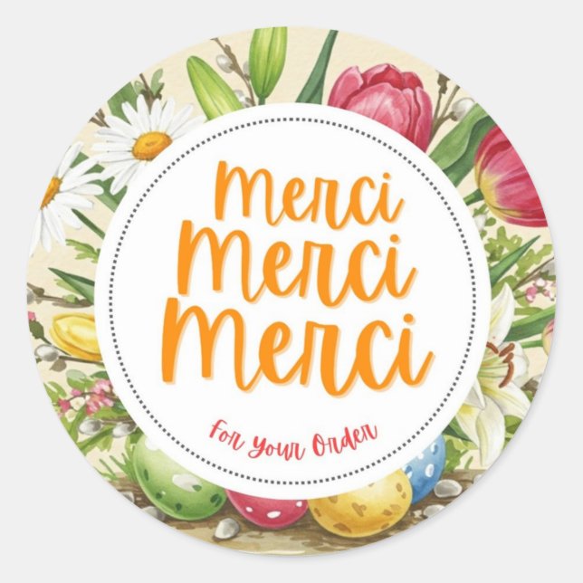 Adesivo Redondo Merci Merci Floral Obrigado Sticker (Frente)