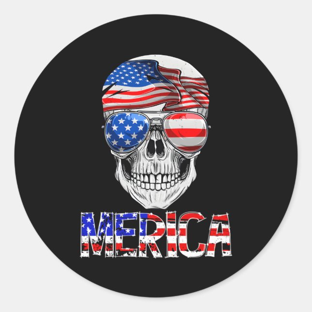 Adesivo Redondo Merica Skull, 4 De Julho, Patriótica Americana (Frente)