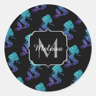 Adesivo Redondo Mermaid azul aqua ombre Padrão de brilho Monograma