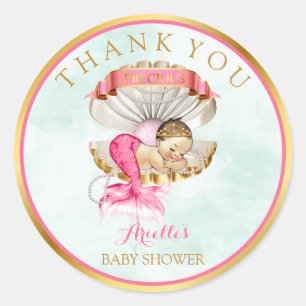 Adesivo Redondo Mermaid Baby Clam Shell Tiara Pearls Dourado Rosa