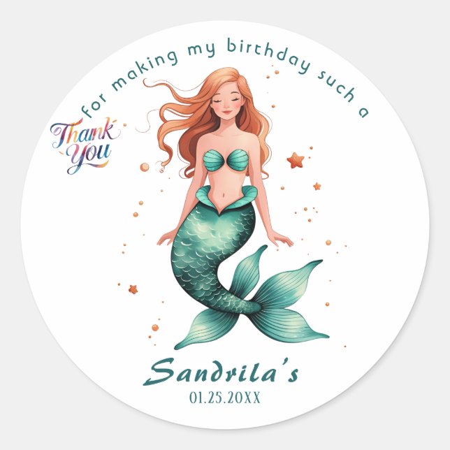 Adesivo Redondo Mermaid  Birthday Party der The Sea Mermaid  (Frente)