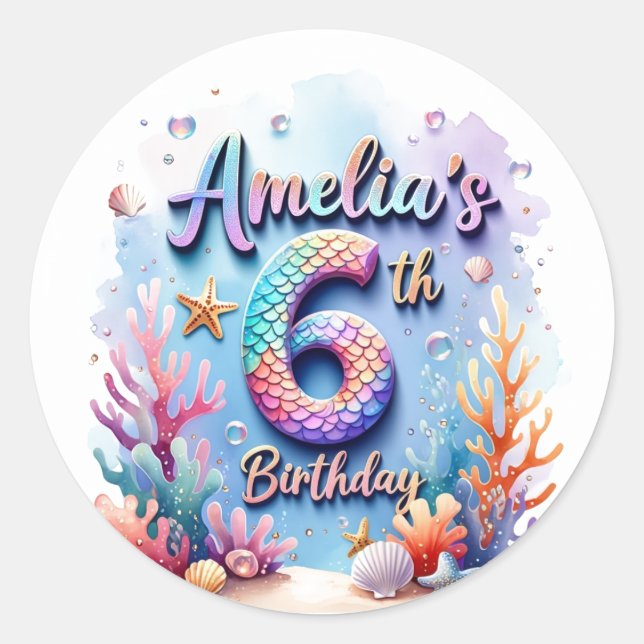 Adesivo Redondo Mermaid Birthday Party Sticker – Custom Name & Age (Frente)