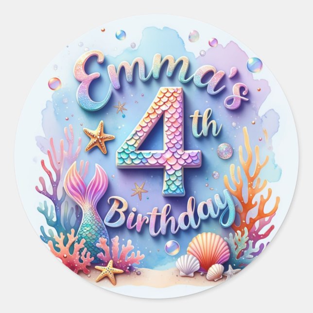 Adesivo Redondo Mermaid Birthday Party Sticker Emma - 4th Birthday (Frente)