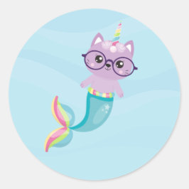 Adesivo Redondo Mermaid Rainbow Unicorn Purple Cat
