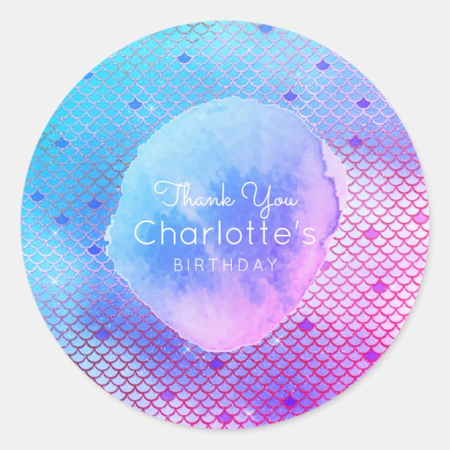 Adesivo Redondo Mermaid Scales Obrigado Festa de aniversário Favor (Frente)
