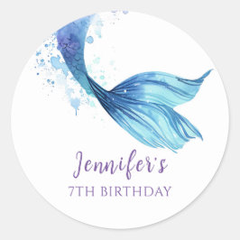 Adesivo Redondo Mermaid Tail Birthday, sob o Mar de Tom Roxo