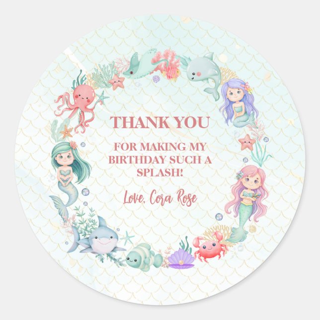 Adesivo Redondo Mermaid Under The Sea Girl Birthday Party (Frente)