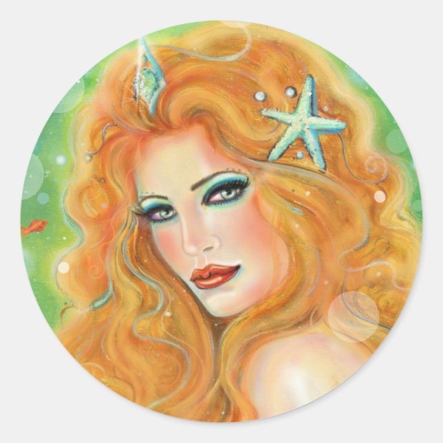 Adesivo Redondo Mermaid with tropical fish art by Renee Lavoie  (Frente)