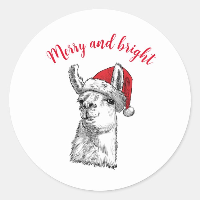 Adesivo Redondo Merry and bright customisable Llama fun Christmas  (Frente)