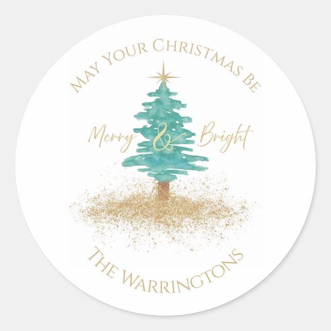 Adesivo Redondo "Merry & Bright" Watercolor Tree Custom Name (Frente)