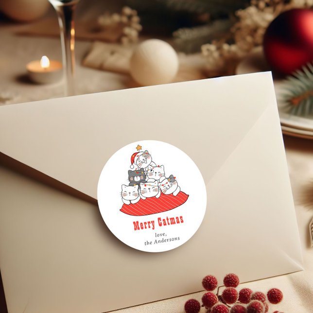 Adesivo Redondo Merry Catmas Cute Cats Holiday Personalized  (Criador carregado)