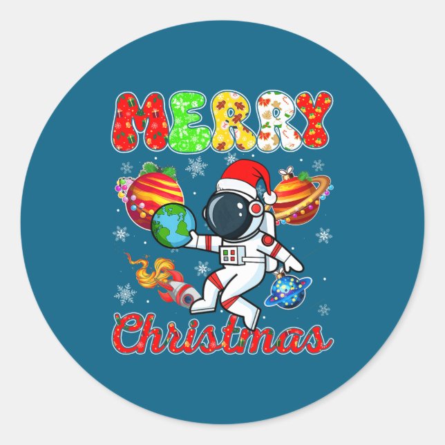 Adesivo Redondo Merry Christmas Astronaut Santa Hat Snowflakes Tre (Frente)