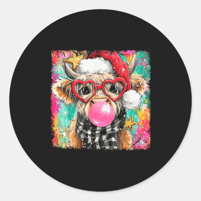 Adesivo Redondo Merry Christmas Bubble Gum Xmas Highland Cow Heife (Frente)