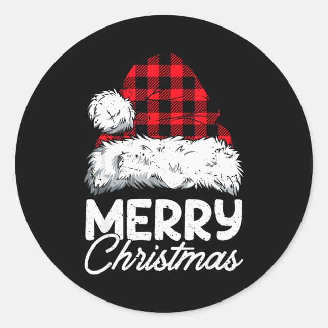 Adesivo Redondo Merry Christmas Buffalo Plaid Red Santa Hat Xmas P (Frente)