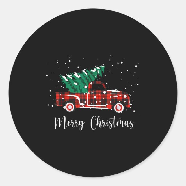 Adesivo Redondo Merry Christmas Buffalo Truck Tree Red Plaid  (Frente)